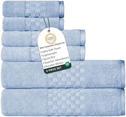 Feather & Stitch 100% Cotton 625 GSM Bath Towel Set of 6, Ultra Soft Highly Absorbent 2 Bath Towels, 2 Hand Towels & 2 Washcloth - Luxury Quick Dry Shower Towels (Sky Blue)