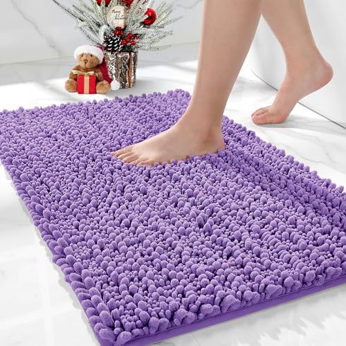 Bathroom Rugs Non Slip Washable, Extra Thick Soft Chenille Absorbent Bath Mat, High Density Barrier Non Slip Backing, Quick Dry Plush Shaggy Floor Carpet for Tub&Shower 24x17, Purple