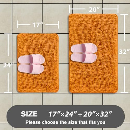 Flame Orange Bathroom Rugs Sets 2 Piece – Absorbent and Washable Bath Mat, Non-Slip, Thick Soft Chenille Bath Rugs for Bathroom Floor, Shower, Sink - 17" x 24"+20" x 32"