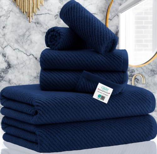 VOOVA & MOVAS 6PC Towel Set, 100% Cotton, Navy Blue