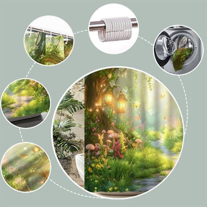 Fantasy Forest Path Shower Curtain Fairy Magical Enchanted Misty Jungle Mushroom Floral Tree Butterfly Lantern Spring Wonderland Bath Curtain Fabric Bathroom Accessories Decor with Hooks 35W x70L