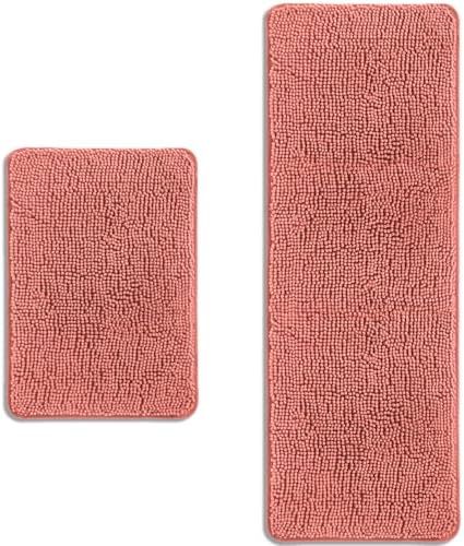 Bathroom Rugs Sets 2 Piece – Absorbent and Washable Bath Mat, Non-Slip, Thick Soft Chenille Bath Rugs for Bathroom Floor, Shower, Sink(17" x 24"+17" x 47", Coral)