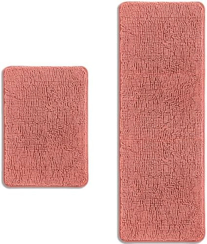 Bathroom Rugs Sets 2 Piece – Absorbent and Washable Bath Mat, Non-Slip, Thick Soft Chenille Bath Rugs for Bathroom Floor, Shower, Sink(17" x 24"+17" x 47", Coral)