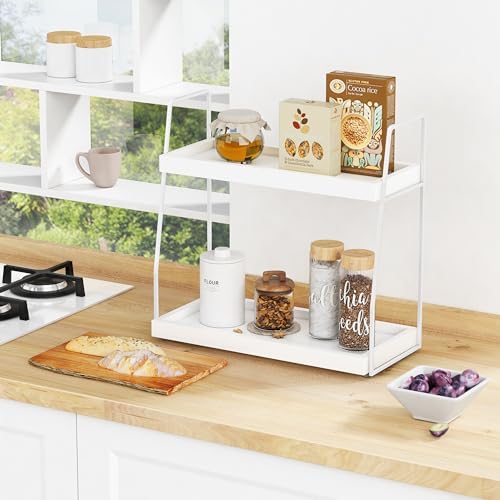 Forbena White 2 Tier Bathroom Organizer Countertop, Small Counter Top Organizer for Bathroom Decor, Modern Kitchen Counter Shelf for Snack, Vanity Makeup Organizers and Storage Tray for Bedroom