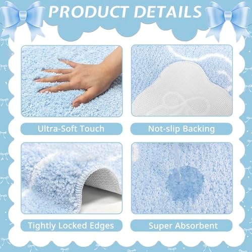 Mocsicka Blue Bow Bath Mat Cute Bow Bathroom Rug Super Soft Absorbent Bathroom Rugs Non Slip Bath Mat Machine Washable Rug for Bathrooms 20x32 inches (Blue, 50x80cm)