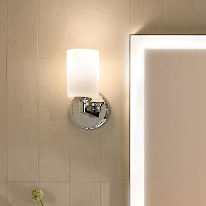 Kichler Gioe 5" 1-Light Wall Sconce with Opal Glass in Chrome, Damp Rated, for Powder Room, Bathroom, Kitchen, Hallway, Bedroom, Fireplace, (5" W x 9.5" H), 55224CH