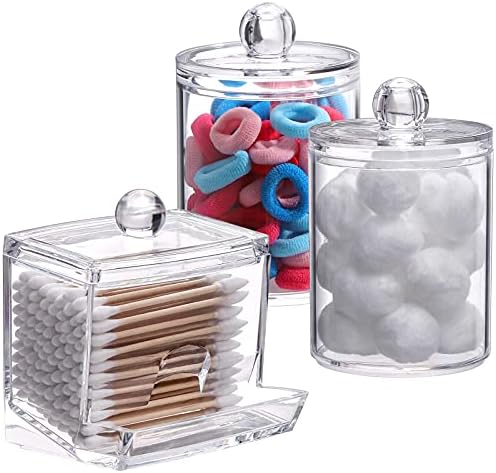 Tbestmax Plastic Qtips Holder Bathroom Container, 10/7 OZ Cotton Ball/Swabs Dispenser, Apothecary Jar Organizer for Storage 3 Pcs