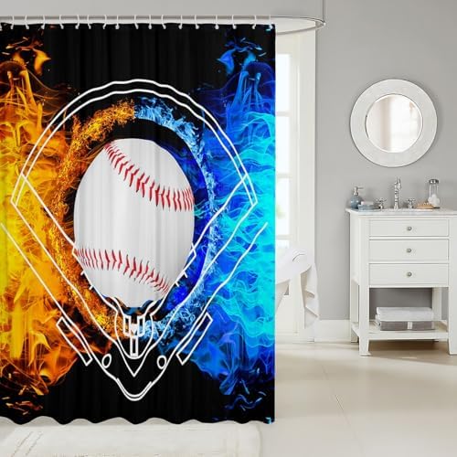 jejeloiu Baseball Bath Curtain Boys Girls 72"x78" Sports Game Shower Curtain for Kids Women Men Waterproof Ice Fire Bathroom Shower Curtain Set White Red Blue Kids Bathroom Accessories