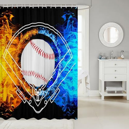 jejeloiu Baseball Bath Curtain Boys Girls 72"x78" Sports Game Shower Curtain for Kids Women Men Waterproof Ice Fire Bathroom Shower Curtain Set White Red Blue Kids Bathroom Accessories