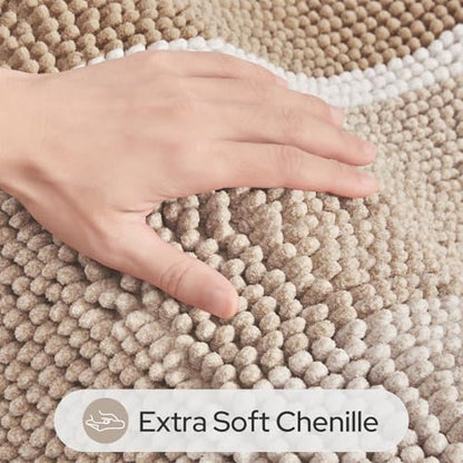 HOMEIDEAS Beige Bathroom Rugs Set of 2, Striped Chenille, 20"x32"+17"x24"