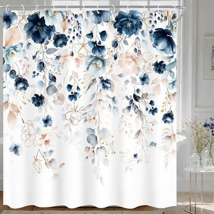 Blue Pink Floral Extra Long Rustic Bathroom Shower Curtain Set