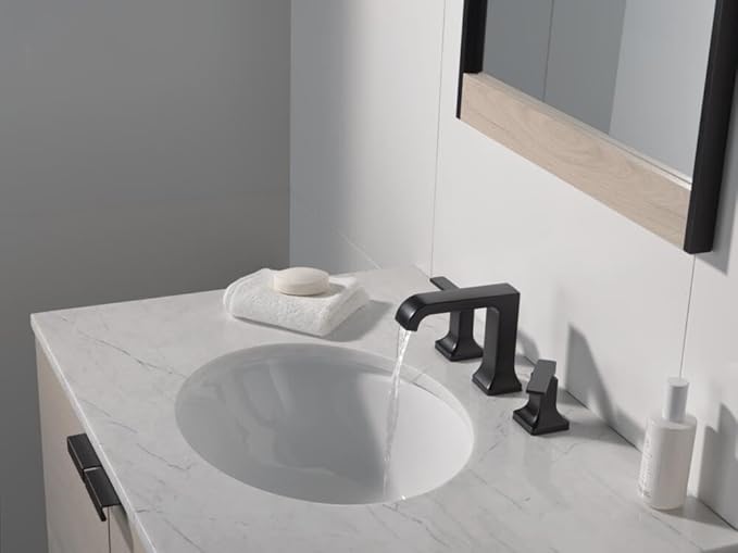 Delta Velum Matte Black Bathroom Faucet 3 Hole, 8 Inch Widespread Bathroom Sink Faucet for Vanity, Metal Push-Pop Drain Assembly, Matte Black 3539LF-BLMPU