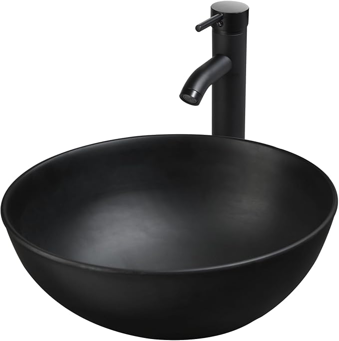 Black Resin Vessel Sink Set 13 inch Round | With Faucet and Pop-Up Drain, Top Mount Bathroom Basin, Compact Design, Space Saving for Small Bathrooms