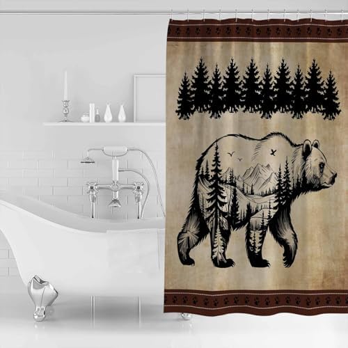 Shower Curtain Bathroom Set Bear Forest Mountains Animal Silhouette Waterproof Shower Curtains with Grommets Hooks Vintage Brown Gradient Privacy Bath Curtain for Bathtub Decor 60x72in