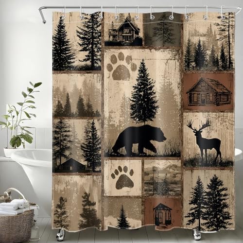 Rustic Cabin Patchwork Shower Curtain for Bathroom, Wild Animal Bear and Deer Brown Vintage Plaid Woodland Lodge Shower Curtain Country Bathroom Decor Accessories with Hooks, 60W X 72L inches