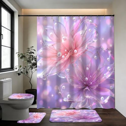 DDQQ 4 Pcs Floral Bathroom Sets with Shower Curtain and Rugs, Pink and Purple Lotus Bathroom Decor Set, Pearl Shower Curtain Set with 12 Hooks