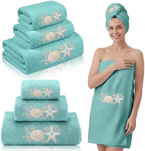 Gilprop 3 Pcs Coastal Ocean Bath Cotton Towels Set Teal Embroidered Towels