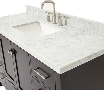 ARIEL Cambridge 54-inch Bathroom Vanity with Sink,Solid Wood, 1.5-inch Italian Carrara Marble Countertop, Single Rectangular Porcelain Sink, 2 Soft Closing Doors, 9 Dovetail Drawers, Espresso