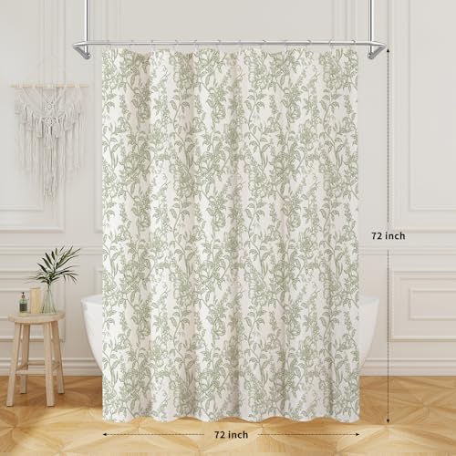 Sage Boho Linen Fabric Shower Curtain , Farmhouse Floral For Bathroom