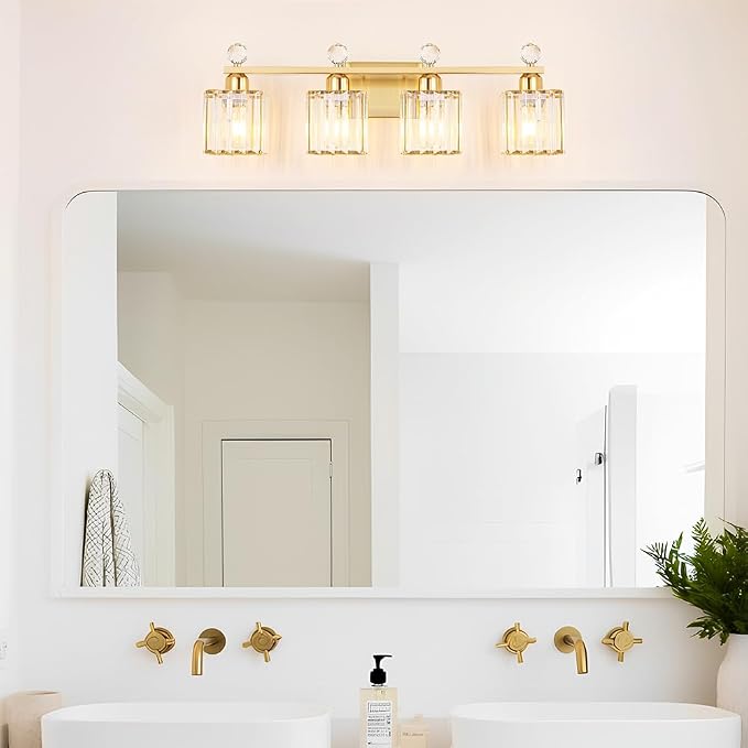 Lxybcce Bathroom Vanity Lights Over Mirror - Easy Installation with Clear Guide, 4-Light Shadow-Free Design, Gold Crystal Finish - for Modern Home Bathroom Lighting Fixtures in DIY Projects