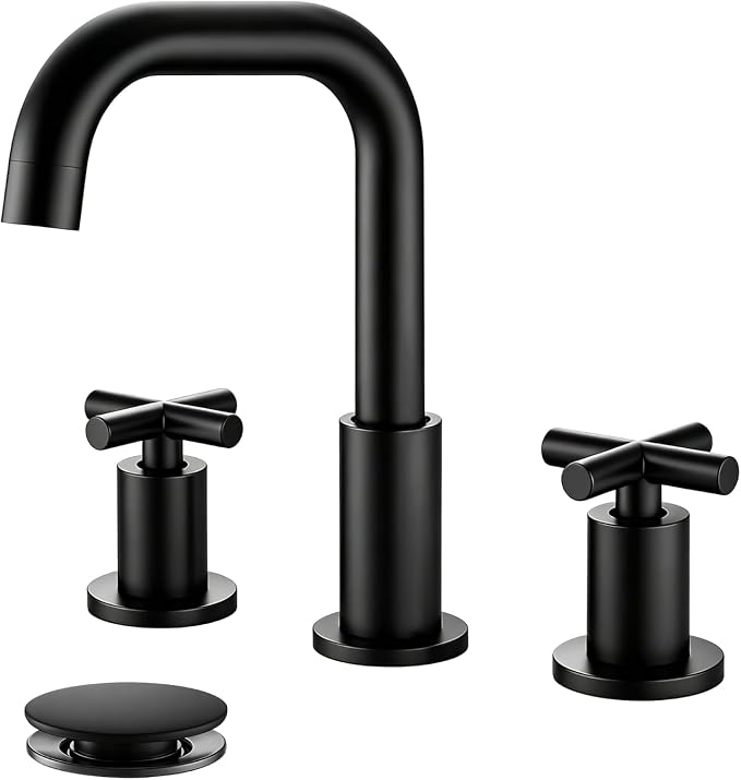 gotonovo Widespread 8 inch 3 Hole Bathroom Sink Faucet Matte Black | 2 Cross Handle Bathroom Faucet,SUS304,360° Swivel Spout,24’’ cUPC Hose,Pop Up Drain,6-16’’ Vanity,Sink,Lavatory,Basin,RV