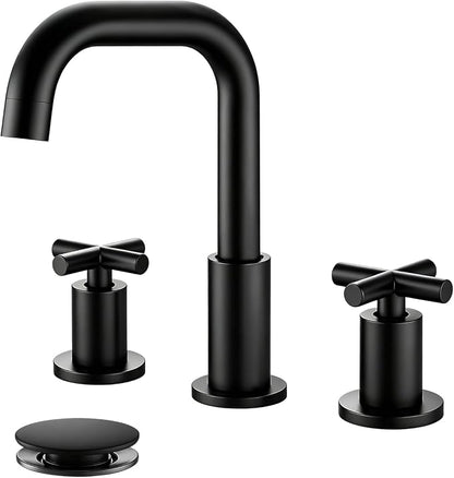 gotonovo Widespread 8 inch 3 Hole Bathroom Sink Faucet Matte Black | 2 Cross Handle Bathroom Faucet,SUS304,360° Swivel Spout,24’’ cUPC Hose,Pop Up Drain,6-16’’ Vanity,Sink,Lavatory,Basin,RV