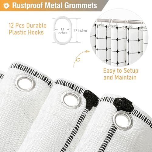 BTTN White and Black Boho Farmhouse Linen Heavy Duty Shower Curtain, 72x72
