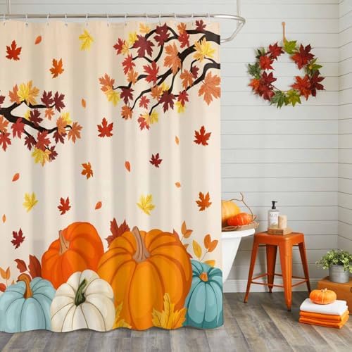 Shower Curtain Bathroom Set Fall Thanksgiving Pumpkin Maple Leaf Waterproof Shower Curtains with Grommets Hooks Orange Gradient Privacy Bath Curtain for Bathtub Decor 36x72in