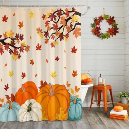Shower Curtain Bathroom Set Fall Thanksgiving Pumpkin Maple Leaf Waterproof Shower Curtains with Grommets Hooks Orange Gradient Privacy Bath Curtain for Bathtub Decor 36x72in