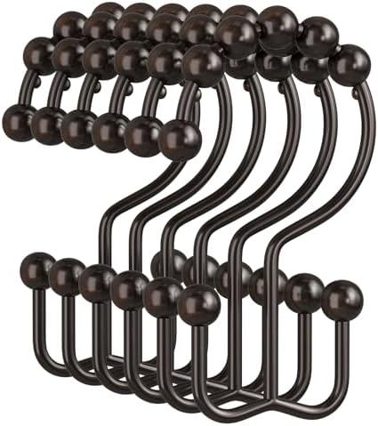 Amazer Shower Curtain Rings, Rust-Resistant Metal Double Shower Hooks for Curtain Rolling Shower Curtain Hooks Rings Shower Rings for Bathroom Shower Curtain Rod, Bronze, Set of 12 Rings