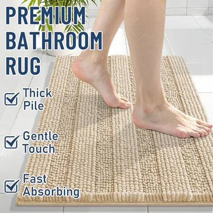 Grandaily Chenille Striped Bathroom Rugs 59x35, Extra Thick and Soft Absorbent Bath Mats, Rubber Backing, Plush Shaggy Shower Carpet, Machine Wash Dry, Bath Rug for Bathroom, Light Beige