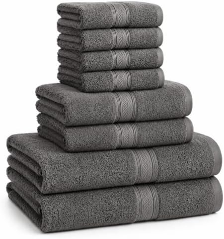 BIOLINEN Grey Towel Set 8 Piece Bathroom Set, 2 Bath Towels 2 Hand Towels 4 Washcloths, 100% Cotton Soft Absorbent Towel Sets for Bathroom, Gym, Spa