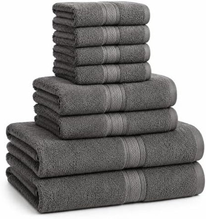 BIOLINEN Grey Towel Set 8 Piece Bathroom Set, 2 Bath Towels 2 Hand Towels 4 Washcloths, 100% Cotton Soft Absorbent Towel Sets for Bathroom, Gym, Spa