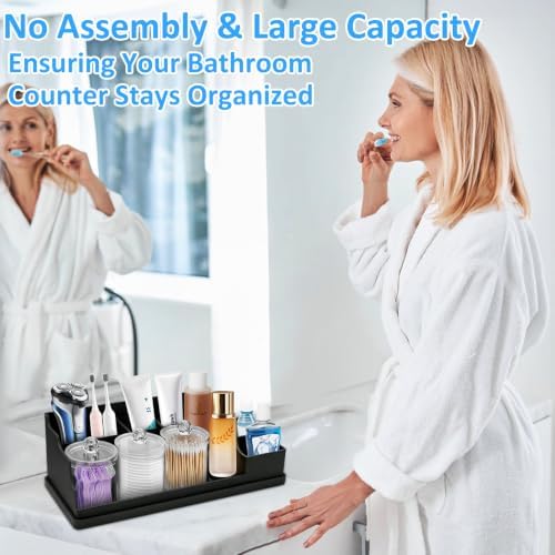Bathroom Counter Organizer, Large Black Silicone Toothbrush Holders for Bathrooms Organizer Countertop with 3PCS Qtip Holder, Toothbrush and Toothpaste Holder for Bathroom Organization Storage Vanity