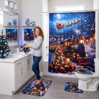FuWeave 8 Pcs Christmas Shower Curtain Set for Bathroom Decor Include Vintage Santa Train Reindeer Towels Christmas Non Slip Snow Village Rugs Toilet Lid Cover Winter Gift Bath Mat and 12 Hooks