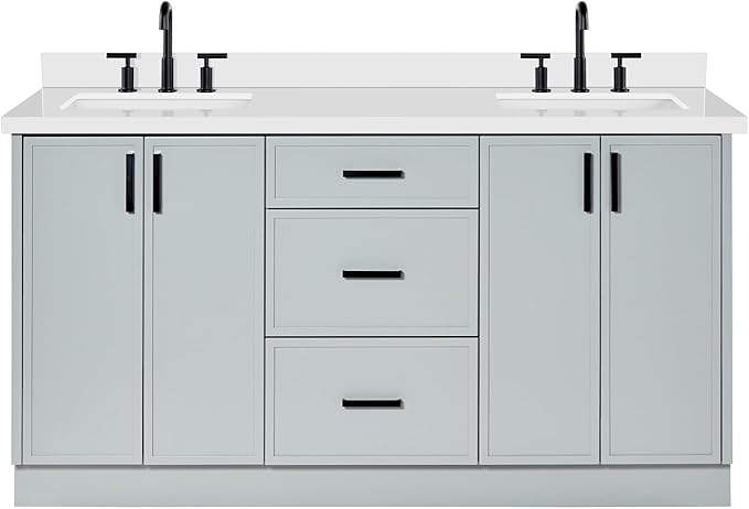 ARIEL Kelly 66-inch Bathroom Vanity with Sink,Solid Wood, 1.5-inch Pure White Quartz Countertop & Backsplash, Double Rectangular Porcelain Sink, 4 Soft Closing Doors, 5 Dovetail Drawers, Grey