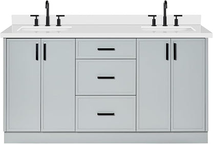 ARIEL Kelly 66-inch Bathroom Vanity with Sink,Solid Wood, 1.5-inch Pure White Quartz Countertop & Backsplash, Double Rectangular Porcelain Sink, 4 Soft Closing Doors, 5 Dovetail Drawers, Grey
