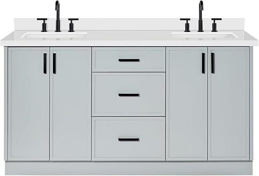 ARIEL Kelly 66-inch Bathroom Vanity with Sink,Solid Wood, 1.5-inch Pure White Quartz Countertop & Backsplash, Double Rectangular Porcelain Sink, 4 Soft Closing Doors, 5 Dovetail Drawers, Grey