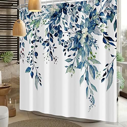 Shower Curtain, Shower Curtains for Bathroom Blue Eucalyptus Shower Curtain Watercolor Plant Bathroom Curtain Leaves Botanical Shower Curtain Set 72" W x 84" L with Hooks