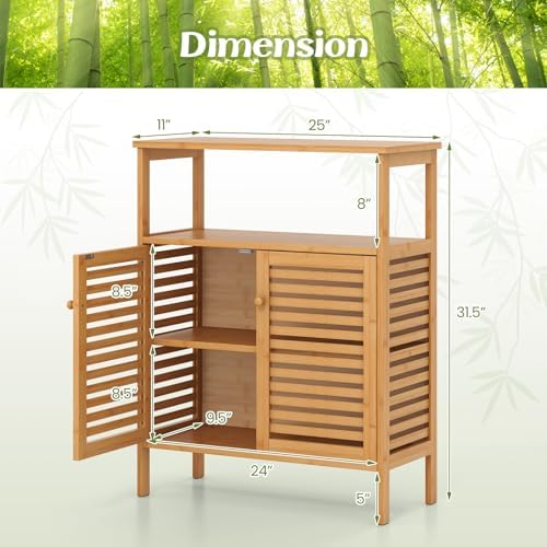 Tangkula Bamboo Floor Cabinet, Bathroom Storage Cabinet with Double Slatted Doors, Open Shelf, Removable Shelf, Storage Organizer for Bathroom Doorway Living Room Kitchen