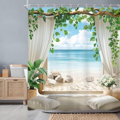 Ocean Coastal Blue Sea Beach Beachy Tropical Bathroom Shower Curtain Set