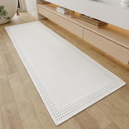 RESARE Waffle Bathroom Runner Rugs, Non Slip Boho Bath Mat 24"x72" White
