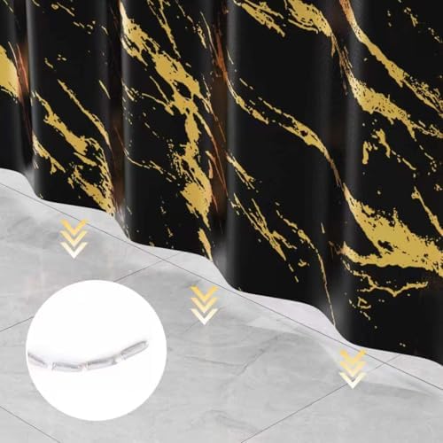Black and Gold Shower Curtain Set with Gold Hooks, Black Marble Shower Curtain for Bathroom, Modern Luxury Fabric Bath Curtain, Waterproof Washable Polyester Bathroom Decor, 72 x 72 Inches