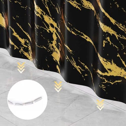 Black and Gold Shower Curtain Set with Gold Hooks, Black Marble Shower Curtain for Bathroom, Modern Luxury Fabric Bath Curtain, Waterproof Washable Polyester Bathroom Decor, 72 x 72 Inches