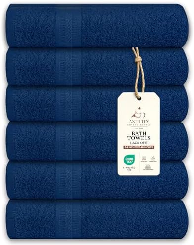 Bath Towels Pack of 6 – 24" x 48" – 100% Cotton Terry, Soft, Quick-Dry & Highly Absorbent – Navy Blue Towels for Bathroom, Spa, Gym, Hotel, Pool & Everyday Use