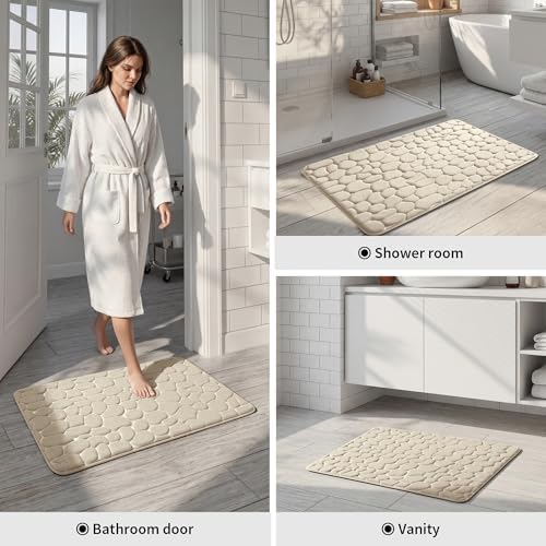YIHOUSE Memory Foam Runner Rug, Cobblestone Bathroom Runner Rugs Super Water Absorbent Bath Mats for Bathroom Machine Washable Bath Rugs for Hallway Bedroom Laundry Room(20 x 47,Khaki)