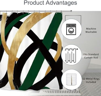 Abstract Modern Minimalist Shower Curtain 60Wx72L Inch Black Emerald Green Gold Line Contemporary Art Neutral Simple Bathroom Set Accessories Decor with 12 Pack Hooks