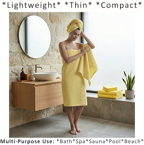 PÜSKÜL Natural 100% Turkish Cotton Waffle Towels Set of 4-Piece, L.-Yellow