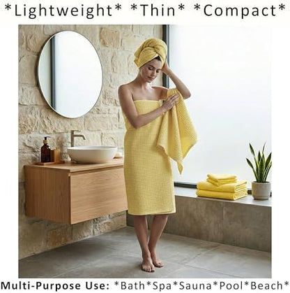 PÜSKÜL Natural 100% Turkish Cotton Waffle Towels Set of 4-Piece, L.-Yellow