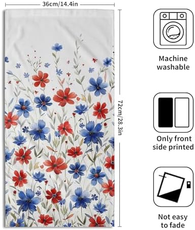 Red Blue Flowers Hand Towels Set of 2-4th of July Colorful America Floral Face Towel 28x14 Inch Soft Absorbent Microfiber Independence Day Decor for Kitchen Bathroom Gym Home